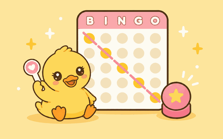 A duck sitting beside a bingo card with a line of daubed squares