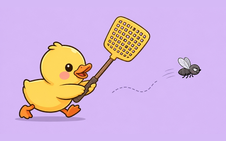 A cartoon duck chasing a gnat with a yellow flyswatter