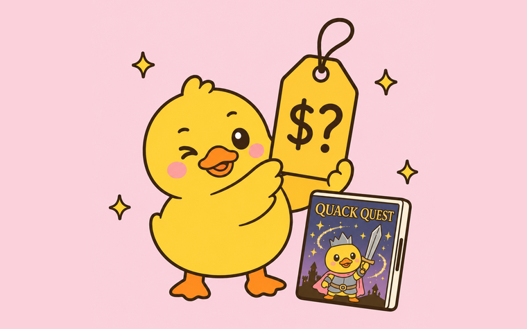 A winking duck holding up a price tag beside a fantasy game case