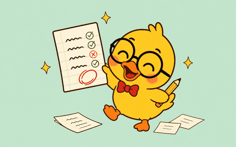 A duck in round glasses proudly holding up a graded test paper